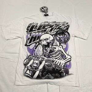 Lost Hills Skeleton Biker Graphic T-Shirt White Purple Flames Mens Medium NWT